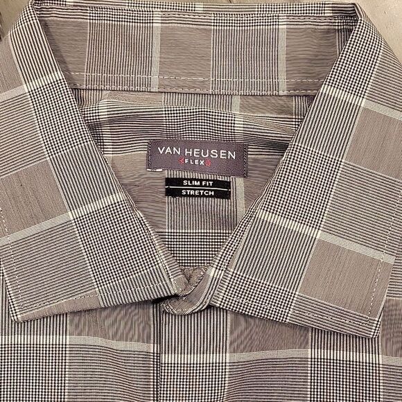 Van Heusen Gray Dress Shirt with Windowpane Pattern Slim Fit - Picture 3 of 4
